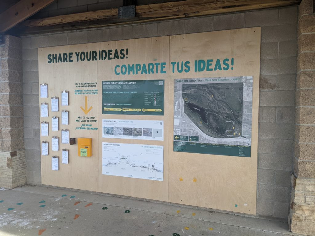 Community engagement board at the Bluff Lake Nature Center